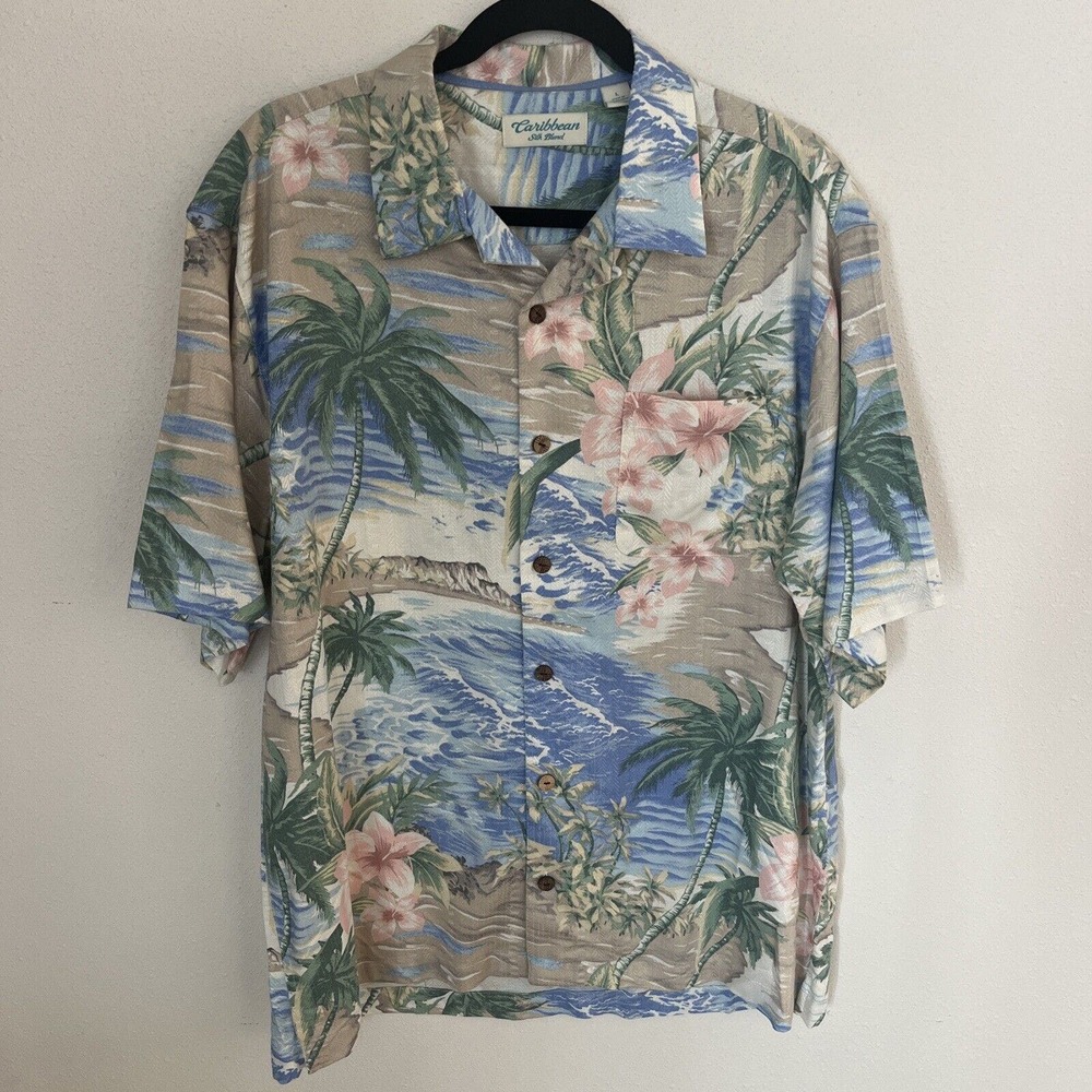 Caribbean Mens Large L Silk Blend Hawaiian Shirt Button Up Palm Beach Tropical